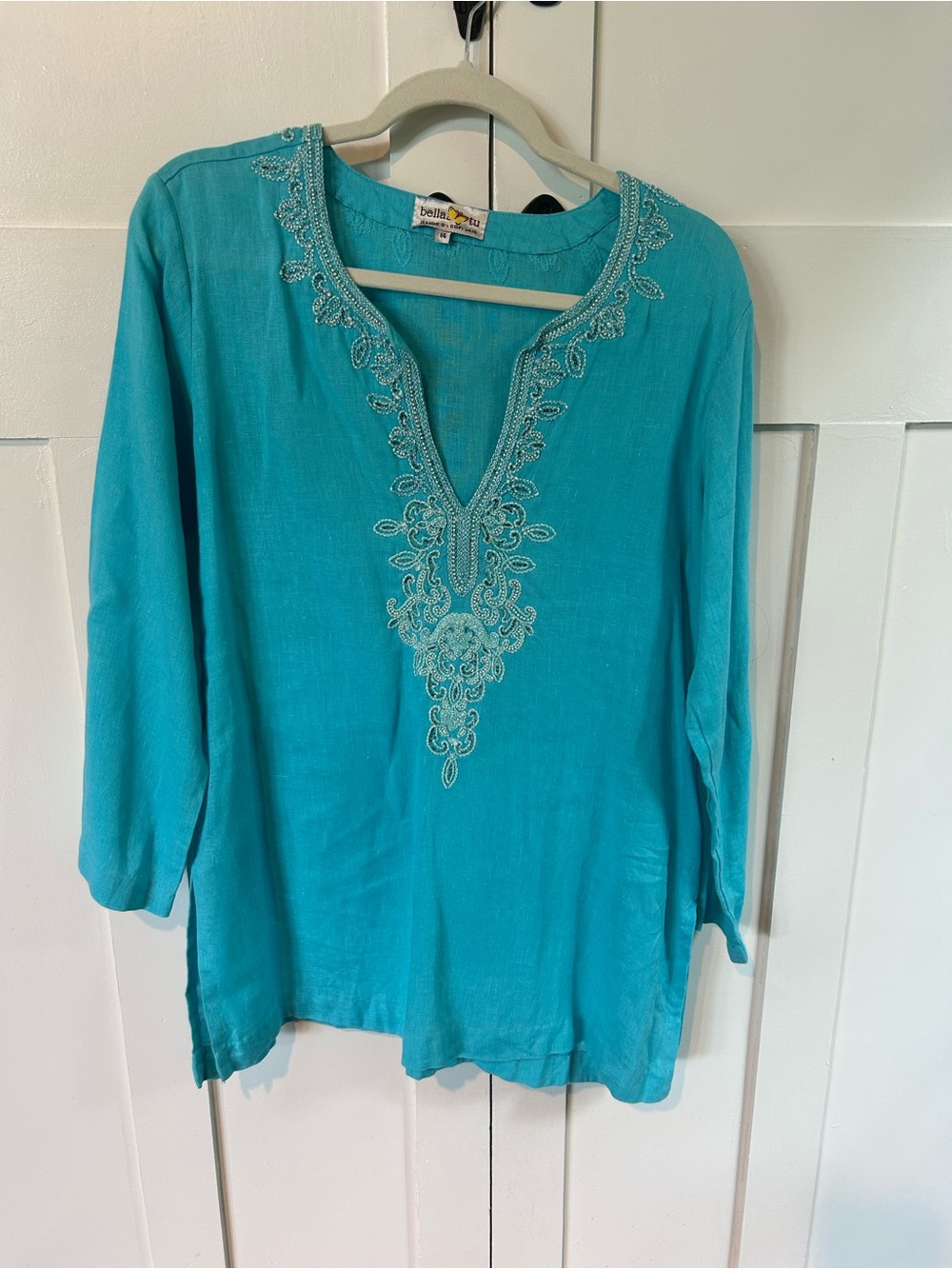 Bella Tu Resort Wear Turquoise Linen Tunic Top Size 14